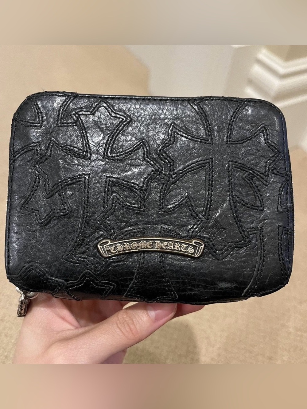Chrome Hearts Black Leather Cross Embossed Zip Wallet